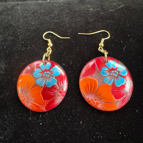 Vintage Jewelry - Lauren May Art Deco Resin Floral Red Earrings